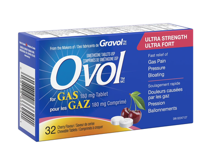 Ovol - Cherry Flavour Chewable Tablets for Gas, Ultra Strength | 32 Tablets
