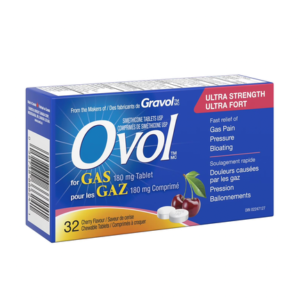 Ovol - Comprimés à croquer ultra-forts au goût de cerise contre les gaz intestinaux | 32 comprimés