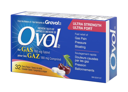 Ovol - Cherry Flavour Chewable Tablets for Gas, Ultra Strength | 32 Tablets