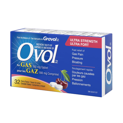 Ovol - Comprimés à croquer ultra-forts au goût de cerise contre les gaz intestinaux | 32 comprimés