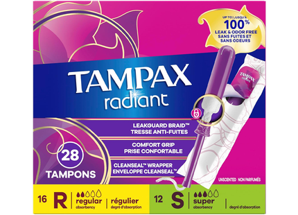 Tampax - Radiant Tampons with Plastic Applicators | 12 Super & 16 Regular Tampons