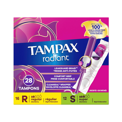 Tampax - Tampons Radiant avec applicateur en plastique | 12 tampons super et 16 tampons réguliers