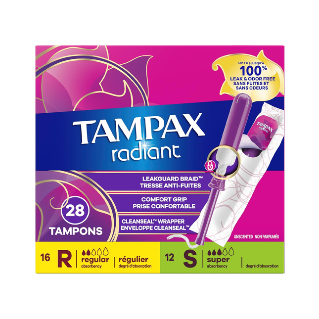 Tampax - Tampons Radiant avec applicateur en plastique | 12 tampons super et 16 tampons réguliers