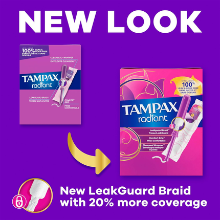 Tampax - Tampons Radiant avec applicateur en plastique | 12 tampons super et 16 tampons réguliers