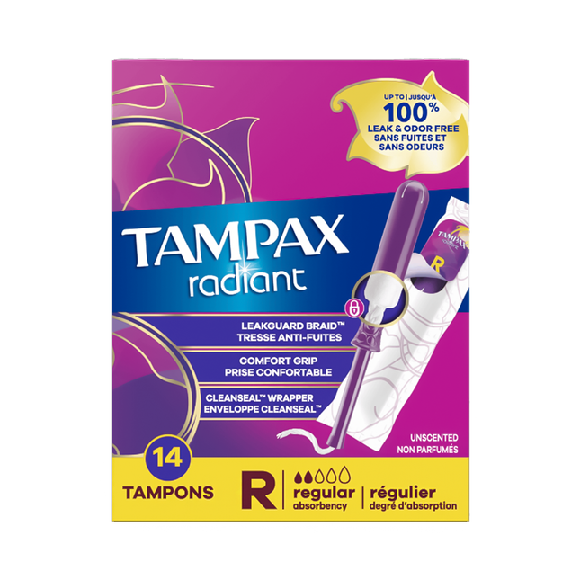 Tampax - Radiant Tampons with Plastic Applicators, Regular | 14 Tampons
