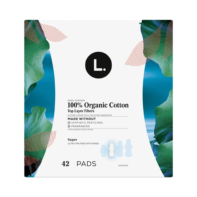 L. - Ultra Thin Winged Pads with 100% Organic Cotton Top Layer Fibers, Super | 42 Pads