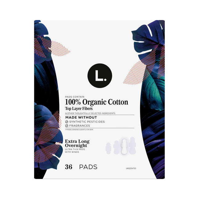 L. - Ultra Thin Winged Pads with 100% Organic Cotton Top Layer Fibers, Extra Long Overnight | 36 Pads