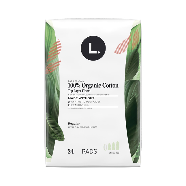 L. - Ultra Thin Winged Pads with 100% Organic Cotton Top Layer Fibers, Regular | 24 Pads