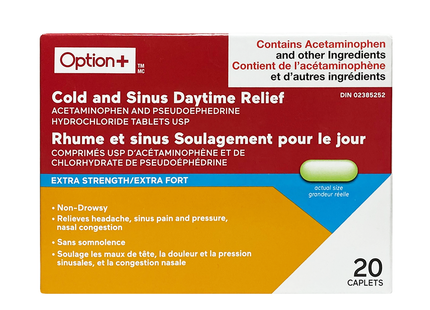 Option+ Extra Fort Soulagement du rhume et des sinus pendant la journée | 20 comprimés