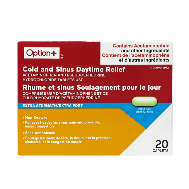 Option+ Extra Fort Soulagement du rhume et des sinus pendant la journée | 20 comprimés