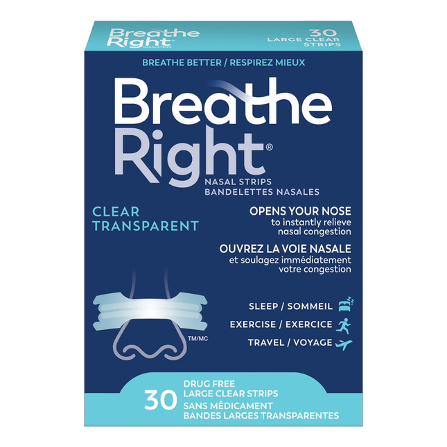 Breathe Right - Bandelettes nasales sans médicament - Transparent/Transparent - Grand | 30 bandes