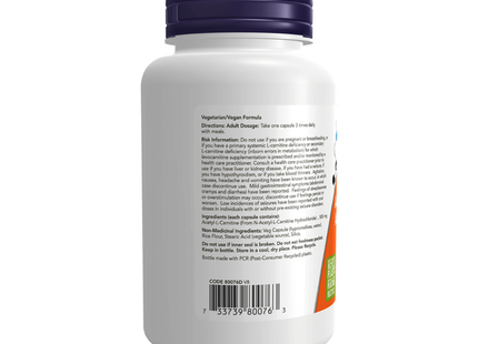 NOW - Acétyl-L-Carnitine 500 mg | 100 gélules végétales