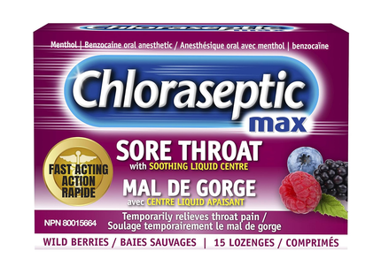Chloraseptique - Pastilles Max pour maux de gorge à action rapide - Baies sauvages | 15 pastilles