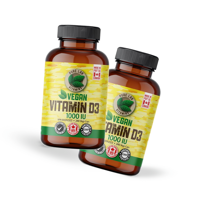 Lot de 2 ! Pure Lab - Vitamine D3 végétalienne 1000 UI - Sèche, cristalline, source de pin | 240 gélules
