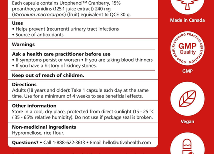 Utiva - Cranberry PACs 36 mg, UTI Prevention & Control Supplement | 30 Vegicaps