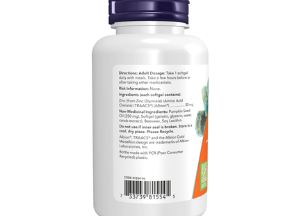 NOW Glycinate de zinc 30 mg | 120 gélules
