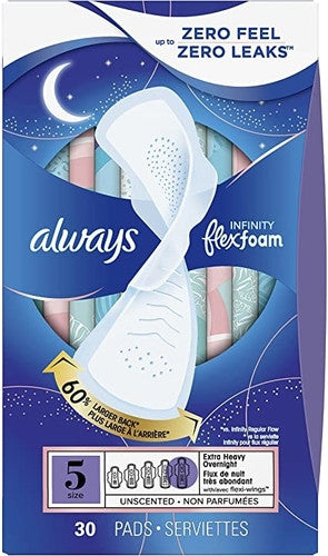 Always - Infinity Flex Foam - Unscented Extra Heavy Flow Night Pads - Size 5 | 30 Pads