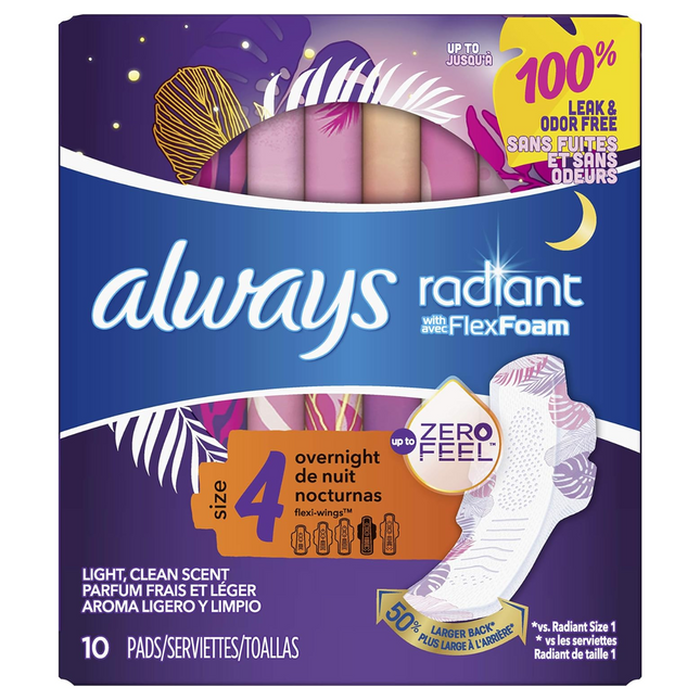 Always - Radiant avec tampons Flex Foam Light Clean Scent - Nuit - Taille 4 | 10 tampons