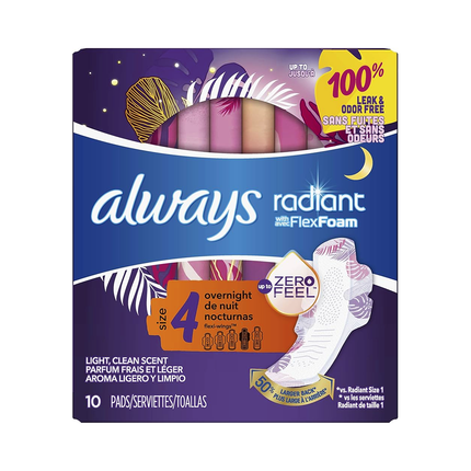 Always - Coussinets parfumés Radiant avec mousse Flex Light Clean pendant la nuit, taille 4 | 10 coussinets