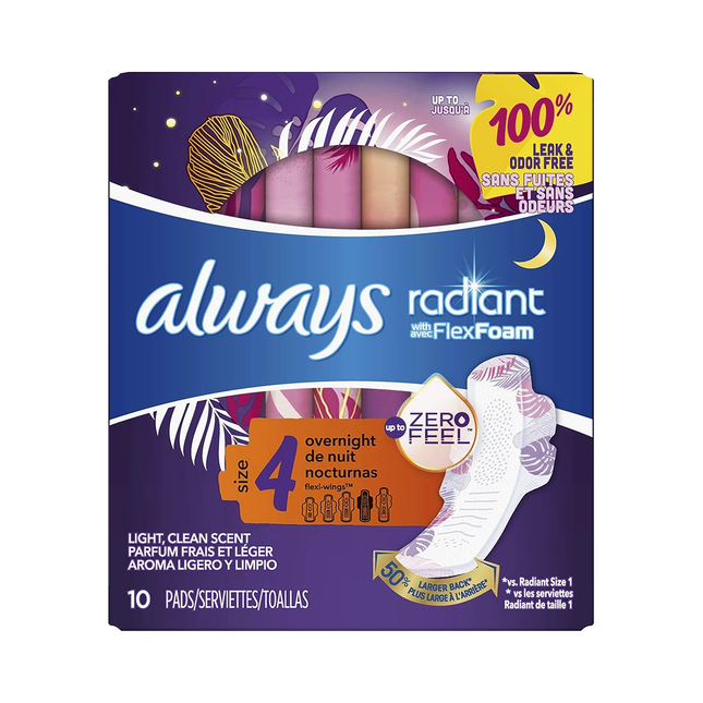 Always - Radiant with Flex Foam Light Clean Scent Pads Overnight, Size 4 | 10 Pads