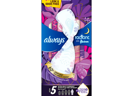 Always - Radiant with Flex Foam Light Clean Scent Pads - Overnight - Size 5 | 18 Pads