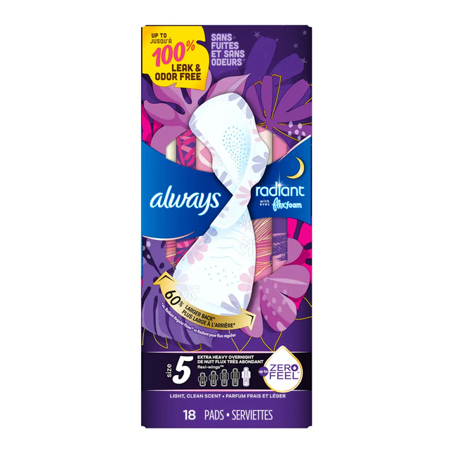 Always - Radiant with Flex Foam Light Clean Scent Pads Overnight, Size 5 | 18 Pads