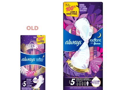 Always - Radiant with Flex Foam Light Clean Scent Pads - Overnight - Size 5 | 18 Pads