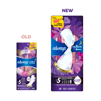 Always - Radiant with Flex Foam Light Clean Scent Pads Overnight, Size 5 | 18 Pads