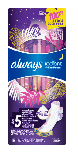 Always - Radiant with Flex Foam Light Clean Scent Pads - Overnight - Size 5 | 18 Pads