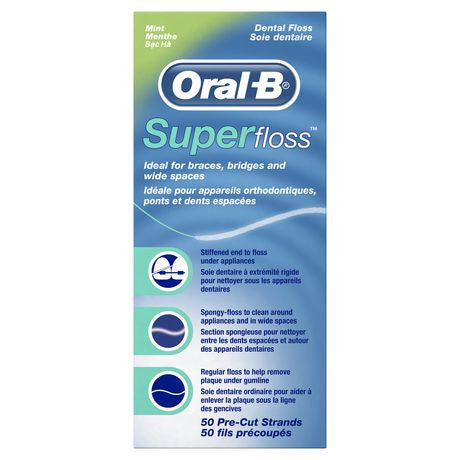 Oral-B - Super fil dentaire - Brins pré-coupés - Saveur Menthe | paquet de 50 