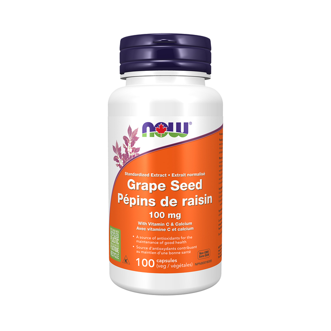 NOW - Extrait standardisé de pépins de raisin 100 mg - avec vitamine C et calcium | 100 gélules végétales