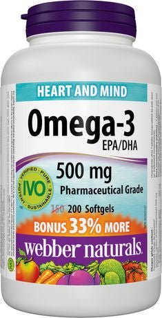 Webber Naturals Omega-3 500 mg EPA/DHA Pharmaceutical Grade | BONUS 150 + 50 Softgels