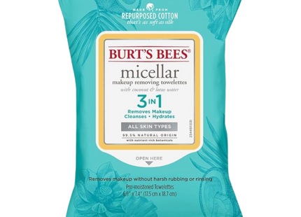 Burt's Bees - Lingettes démaquillantes micellaires à l'eau de noix de coco et de lotus pour tous les types de peau | 30 lingettes