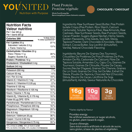Younited - Barre énergétique à base de protéines végétales - Chocolat | 60g