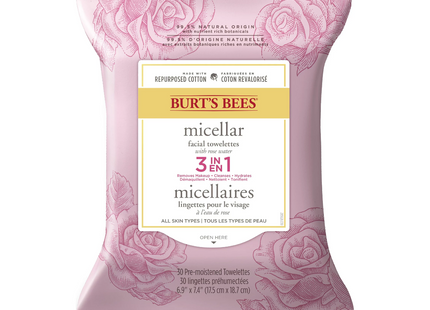 Burt's Bees - Micellar Facial Towelettes 3-in-1 - With Rose Water | 30 Pre-Moistened Towelettes