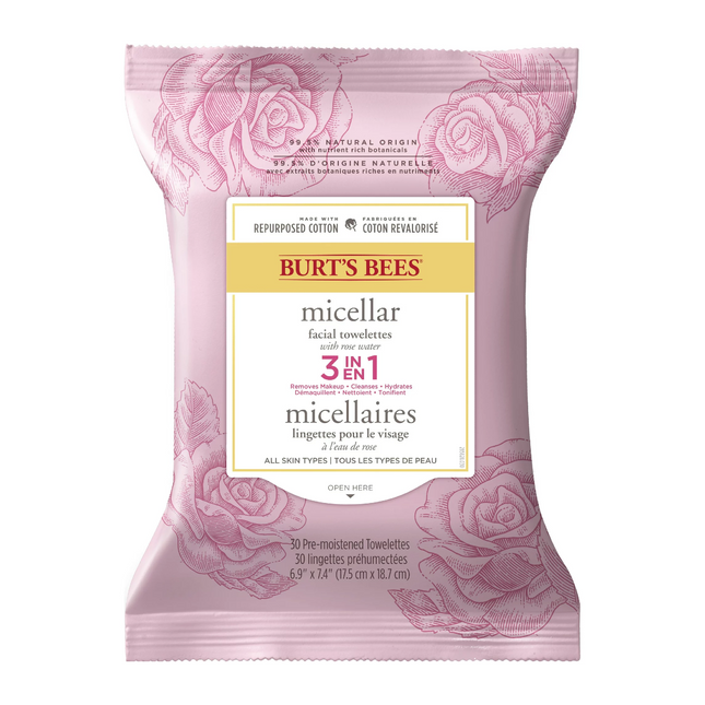Burt's Bees - Lingettes micellaires pour le visage 3-en-1 - Avec eau de rose | 30 lingettes pré-humidifiées