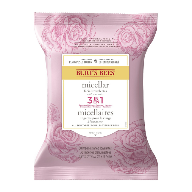 Burt's Bees - Lingettes micellaires visage 3 en 1 à l'eau de rose | 30 lingettes pré-humidifiées