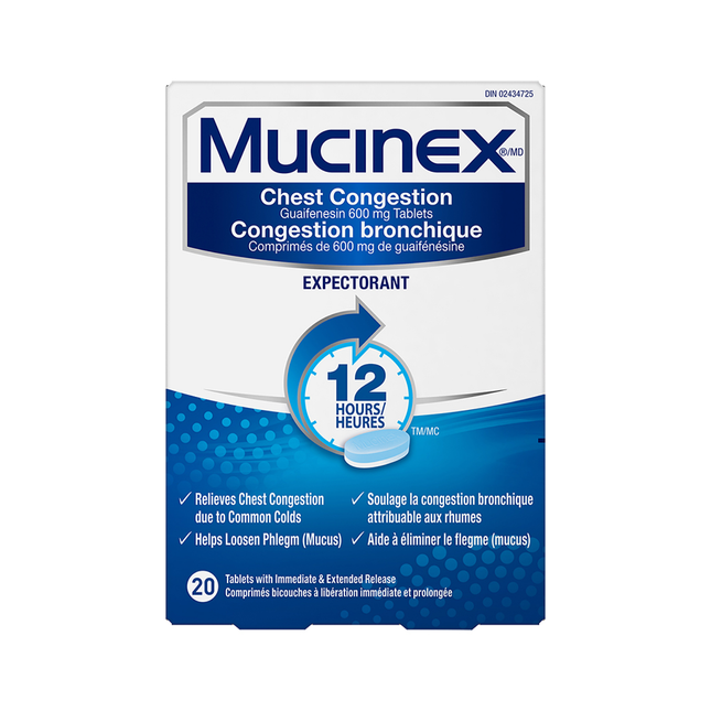 Mucinex - Expectorant pour congestion thoracique - Libération prolongée | 20 comprimés