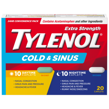 Tylenol - Comprimés extra-forts contre le rhume et les sinus | 10 comprimés pour le jour + 10 comprimés pour la nuit