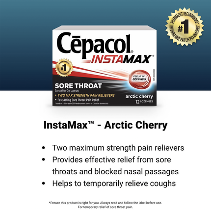 Cepacol - Pastilles InstaMax contre les maux de gorge - Cerise arctique | 12 pastilles