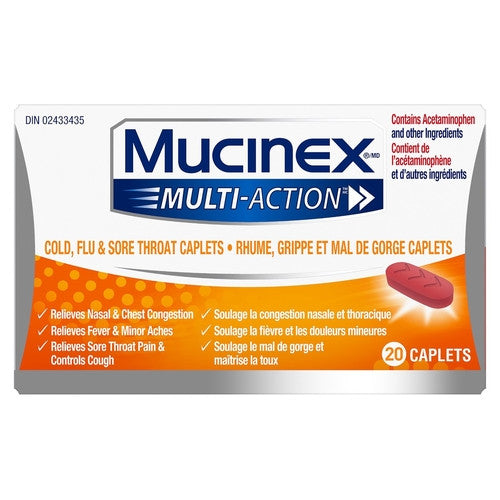 Mucinex Caplets multi-actions contre la grippe et les maux de gorge | 20 capsules