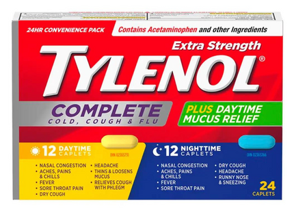 Tylenol - Extra Strength Complete Cold Cough & Flu Relief Caplets | 12 Daytime + 12 Nighttime Caplets