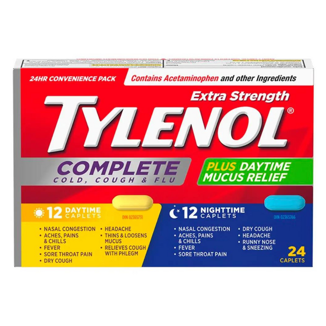 Tylenol - Extra Strength Complete Cold Cough & Flu Relief Caplets | 12 Daytime + 12 Nighttime Caplets