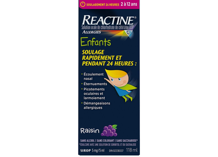 Reactine - Médicament liquide contre les allergies pour enfants - Saveur de raisin | 118 ml