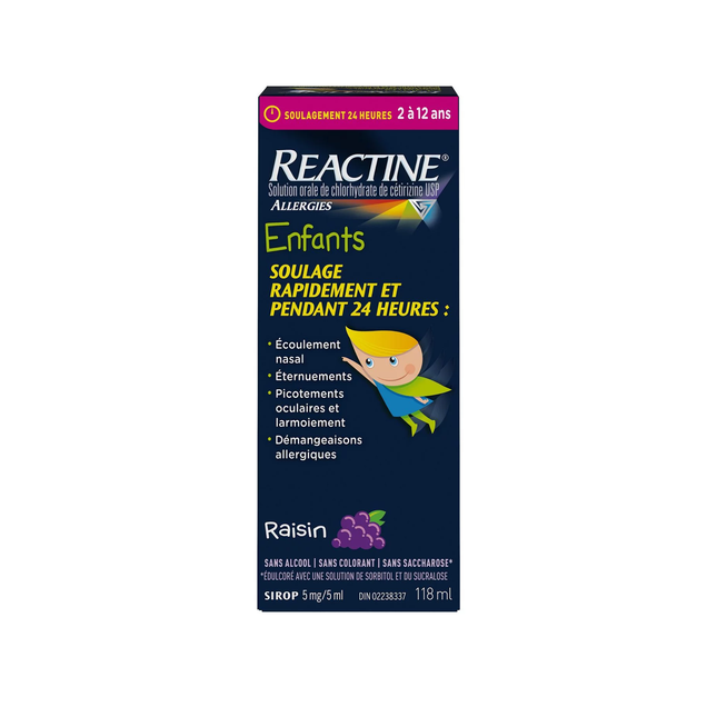 Reactine - Médicament liquide contre les allergies pour enfants - Saveur de raisin | 118 ml