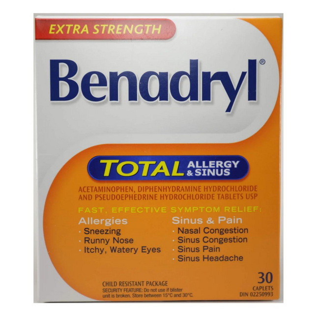 Benadryl - Caplets extra forts pour le soulagement total des allergies et des sinus | 30 comprimés