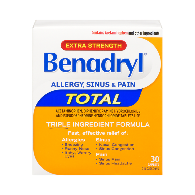 Benadryl - Caplets extra forts pour le soulagement total des allergies et des sinus | 30 comprimés