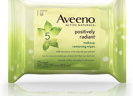 Aveeno - Active Naturals Positively Radiant Make-Up Removing Wipes with Moisture Rich Natural Soy Extract | 25 Wipes