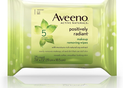 Aveeno - Lingettes démaquillantes Active Naturals Positively Radiant avec extrait de soja naturel riche en humidité | 25 lingettes 