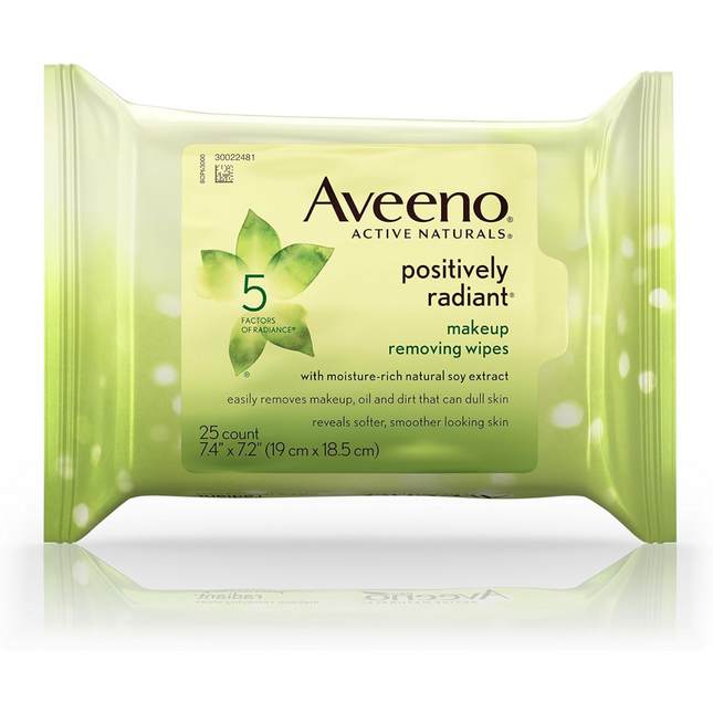 Aveeno - Lingettes démaquillantes Active Naturals Positively Radiant avec extrait de soja naturel riche en humidité | 25 lingettes 